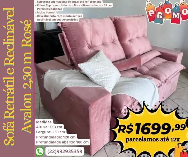 SOFÁ RETRÁTIL RECLINÁVEL AVALON ROSÉ 2,30_PARCELE ATÉ 12X_ SÓ PAGA NA