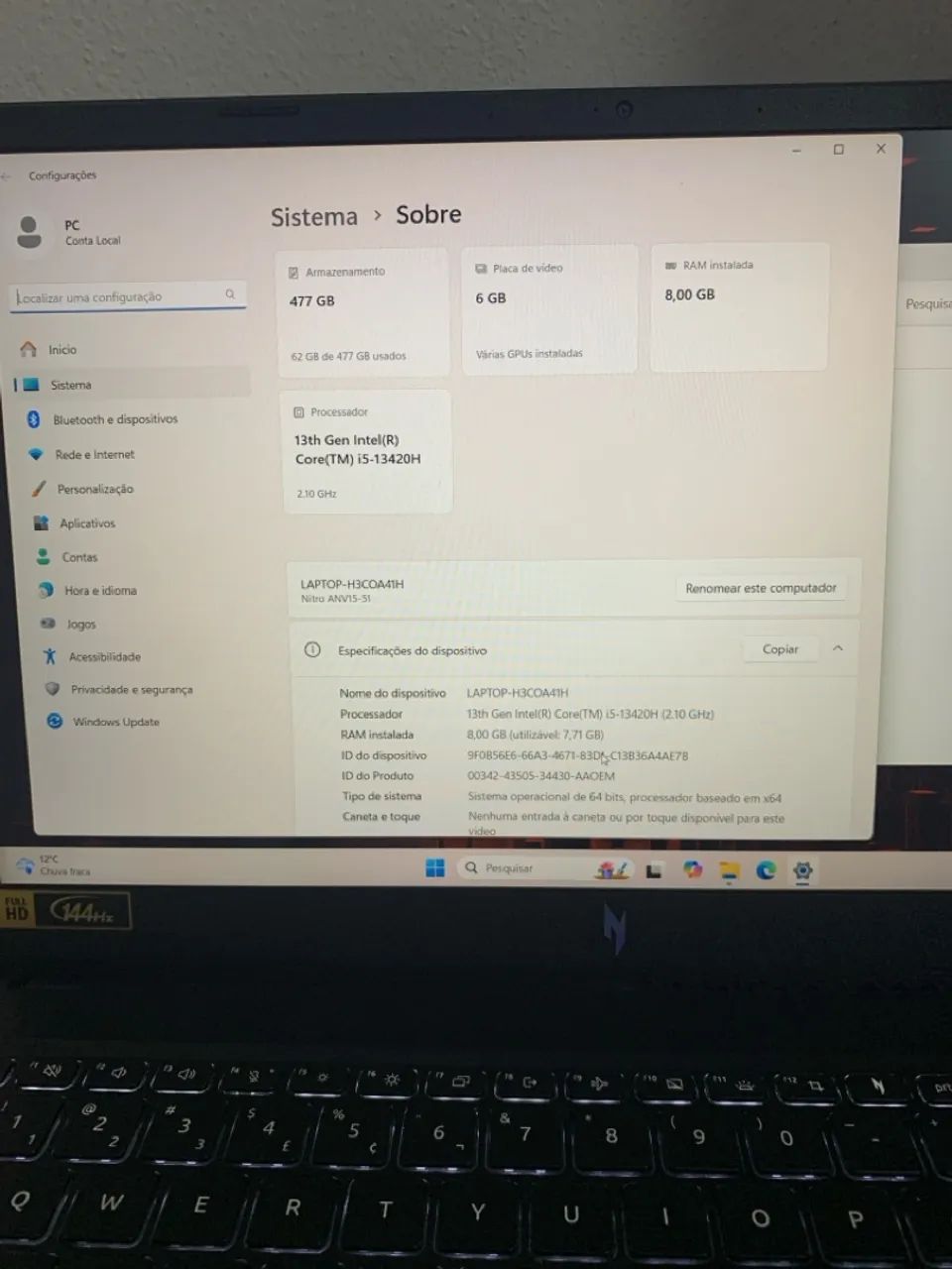 Notebook Gamer Acer Nitro V15 - i5 13ª Geração | RTX 4050 6GB | SSD 512GB | Tela 144Hz - Foto 2