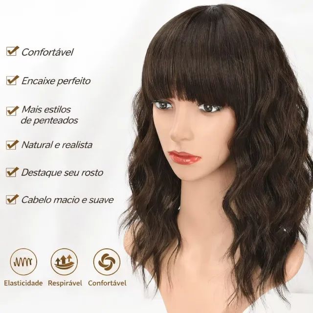 Peruca Bob Ondulada Marrom Natural - Cachos Sintéticos com Franja - Foto 4