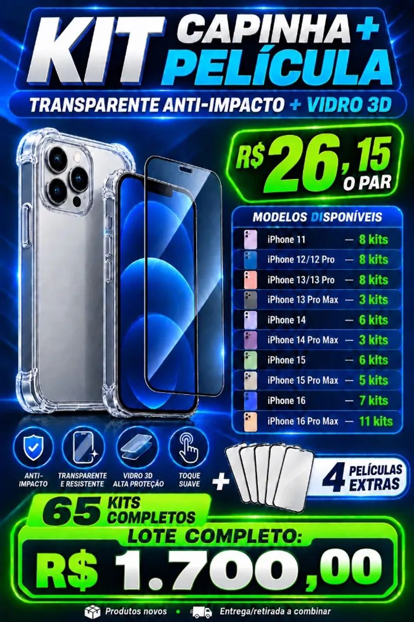 65 Kits Capinha + Película para Iphone - Novos