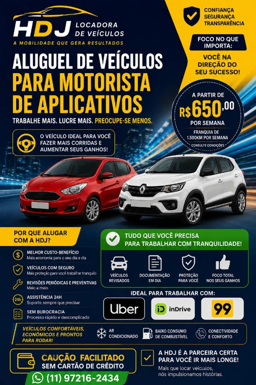 LOCAÇÃO DE VEICULOS PARA UBER E 99
