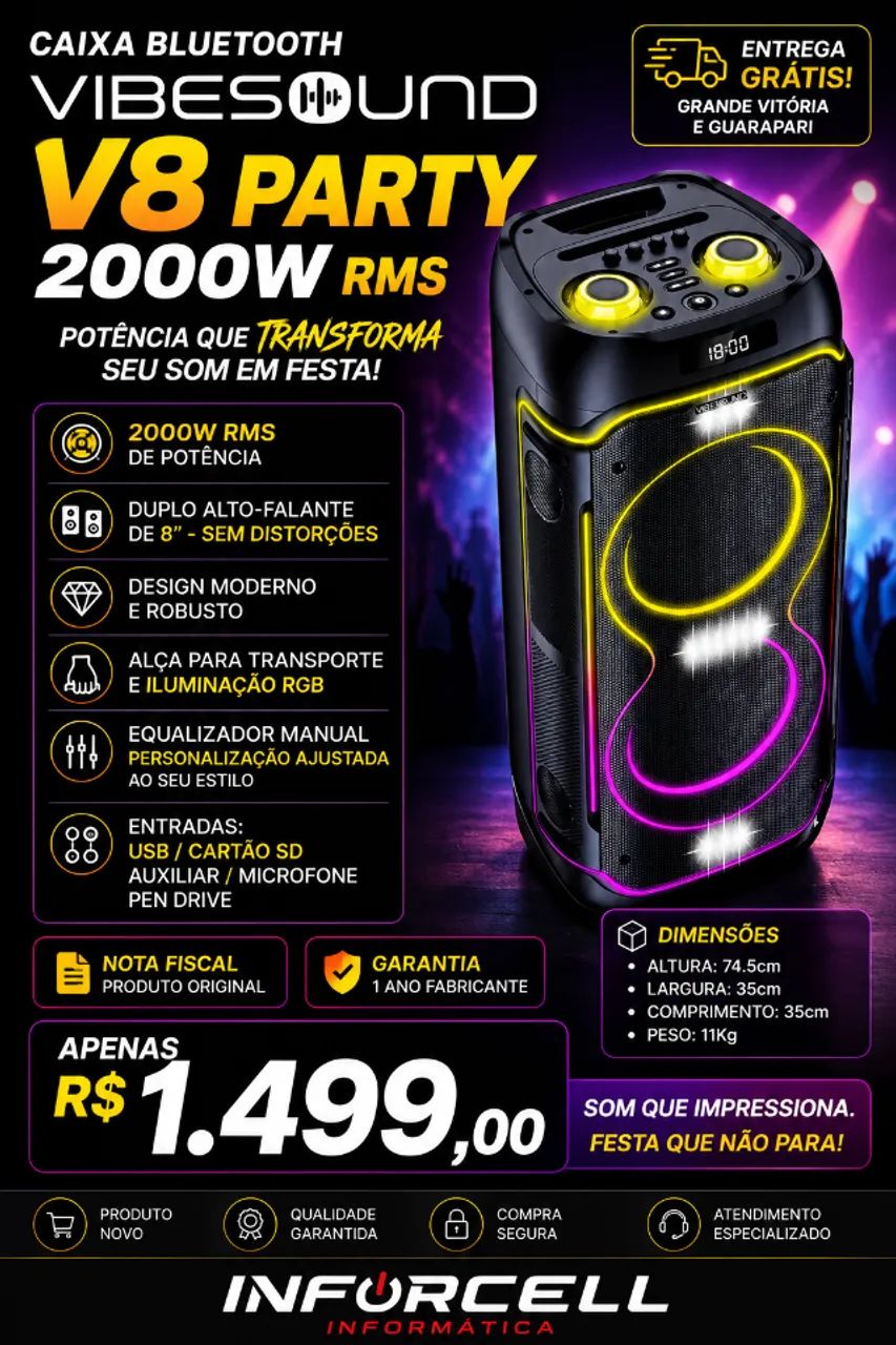 Caixa Bluetooth Vibesound V8 2000w Rms 