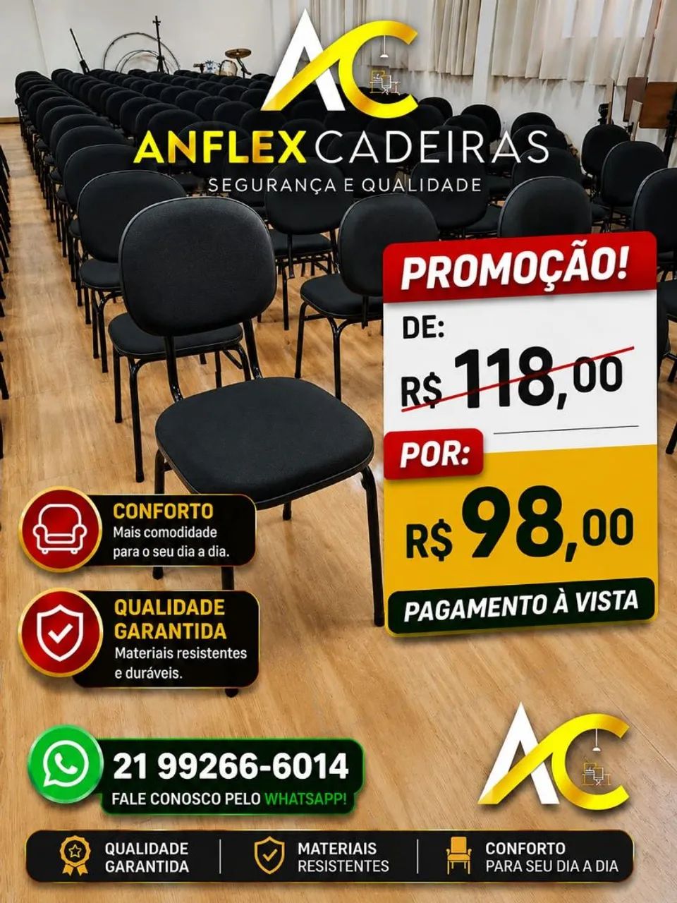 Cadeiras secretaria fixa para igrejas, escritórios e cursos 