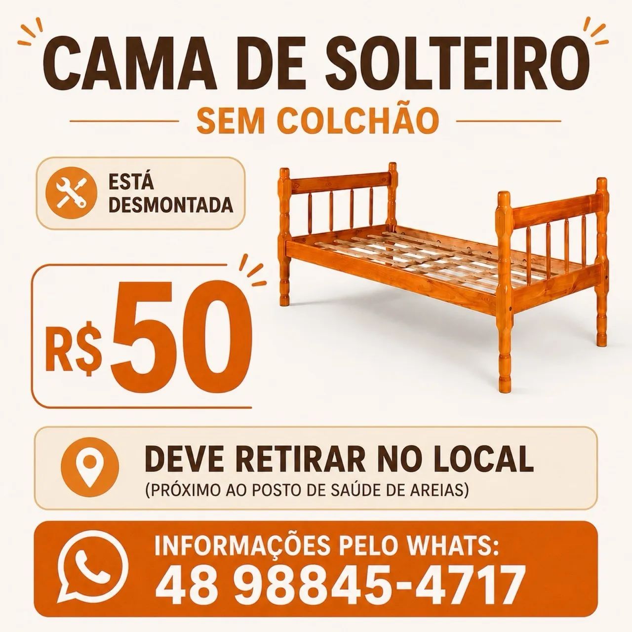 Cama de solteiro de madeira sem colchão - R$50