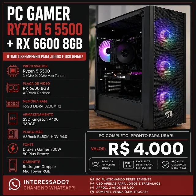 PC GAMER RYZEN 5 5500 + RX 6600 8GB