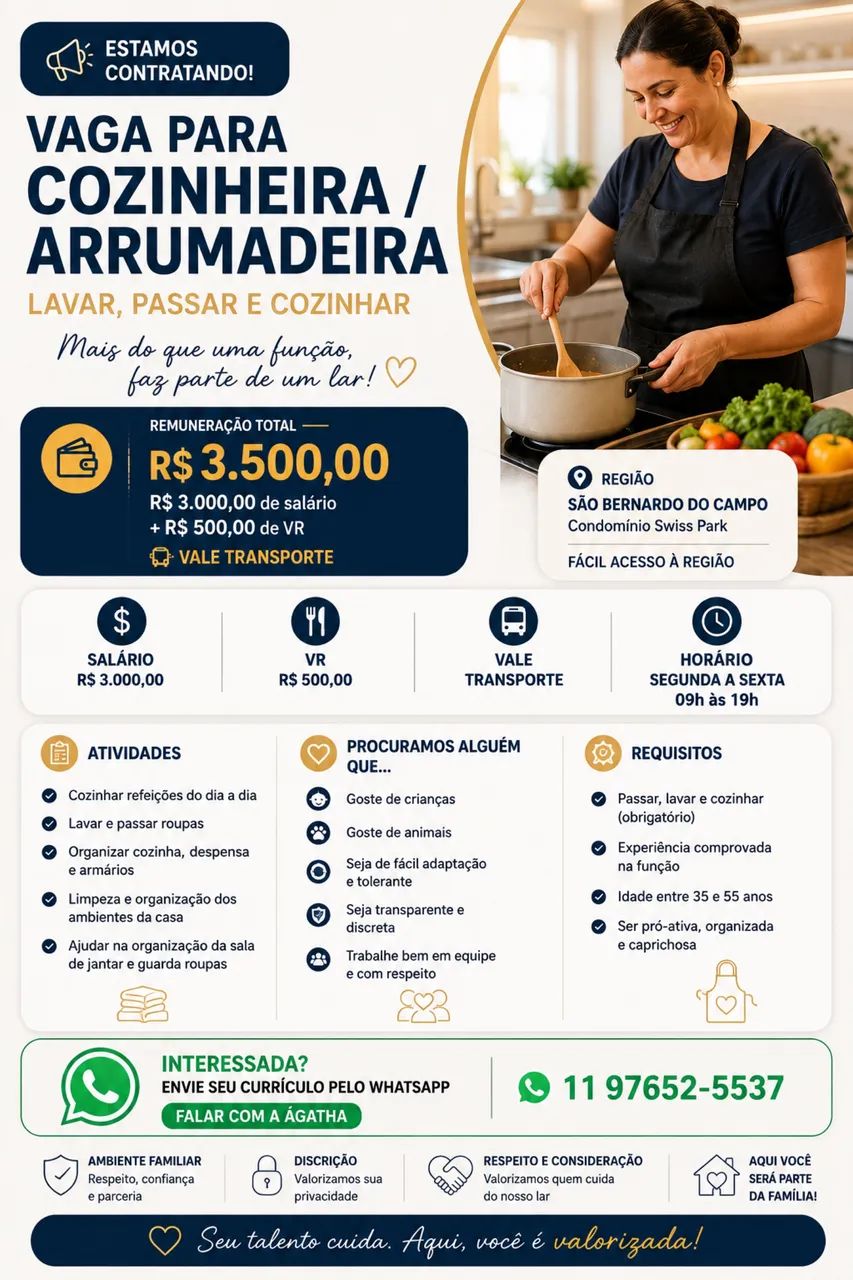 Vaga para lavar, passar e cozinhar R$3500,00