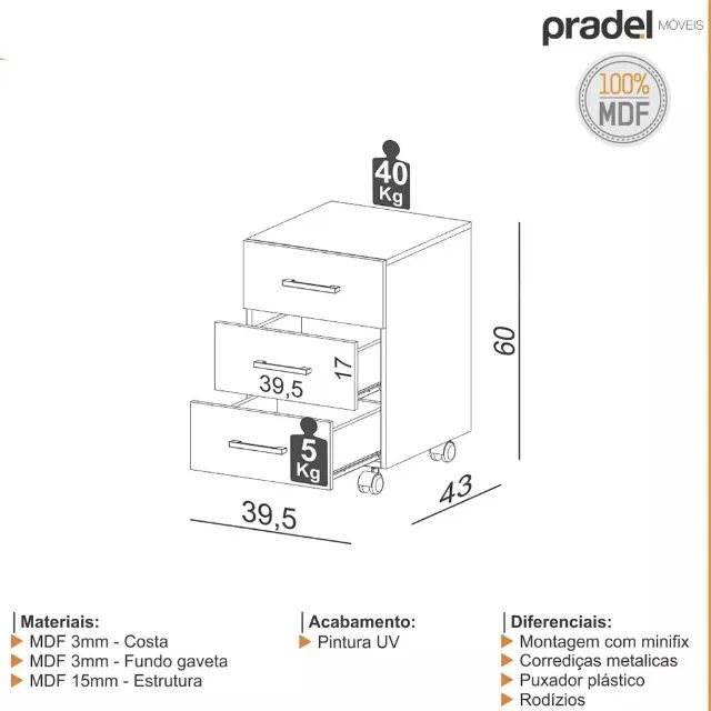 Office Drawer Unit with 3 Drawers, MDF, 39.5x43 cm, Freijo Finish, Pradel64739789982723122