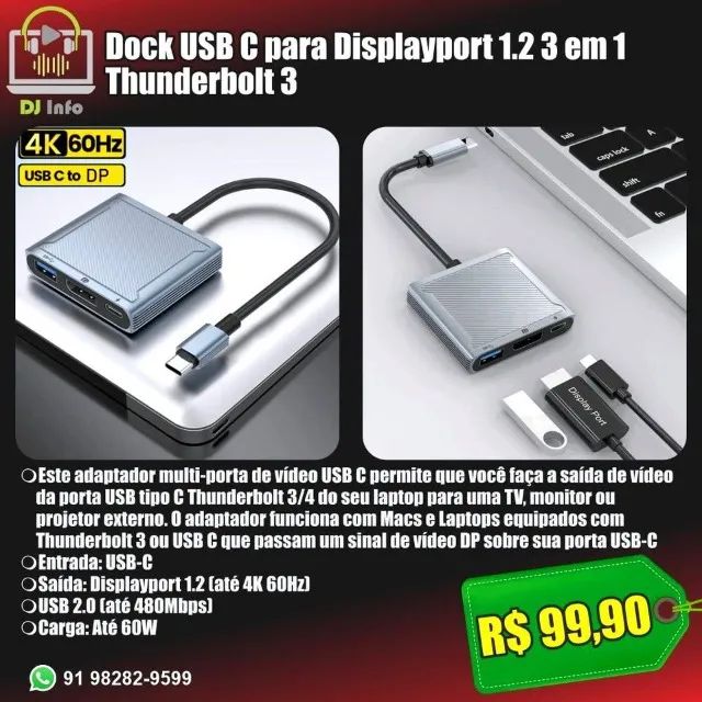 Dock USB C para Displayport em Thunderbolt Periféricos