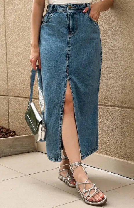 Saia Jeans Longa com Fenda, tamanho 40