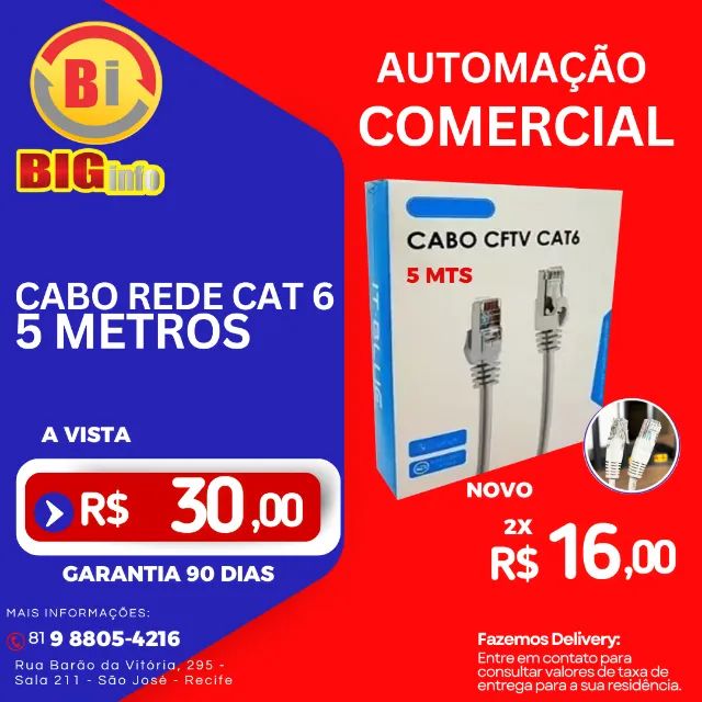 Cabo De Rede 5 Metros Lan Internet Crimpado Rj45 Cat6