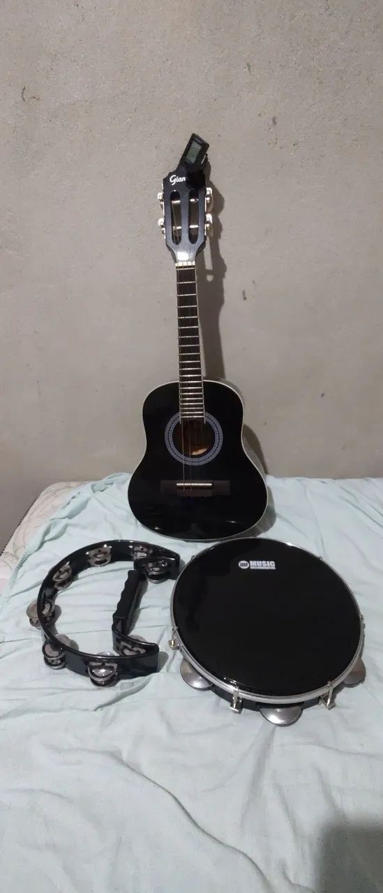 Kit pagode cavaco pandeiro pandeirola cordas novas palheta cabo p10 afinador 