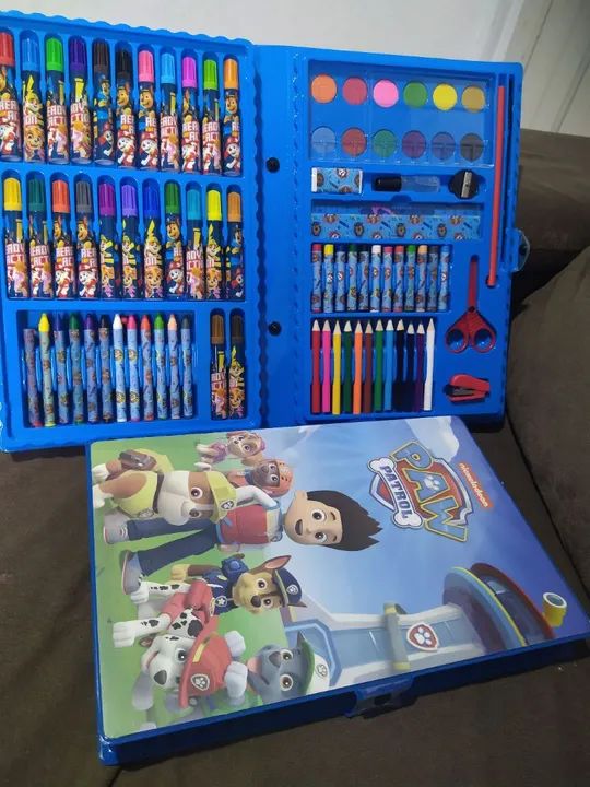 R$59.99 kit estojo maleta escolar infantil patrulha canina azul pintar desenhar completo