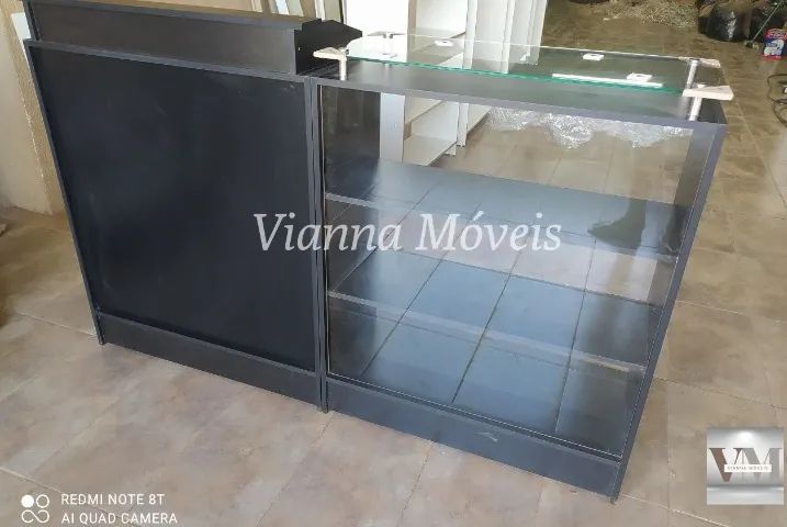 Balcão Caixa + Balcão Vitrine com Tampo de Vidro - Preto - Foto 2