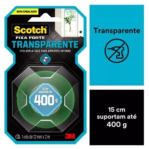 Fita Dupla Face Fixa Forte Transparente 3m 12mm X 2m Scotch