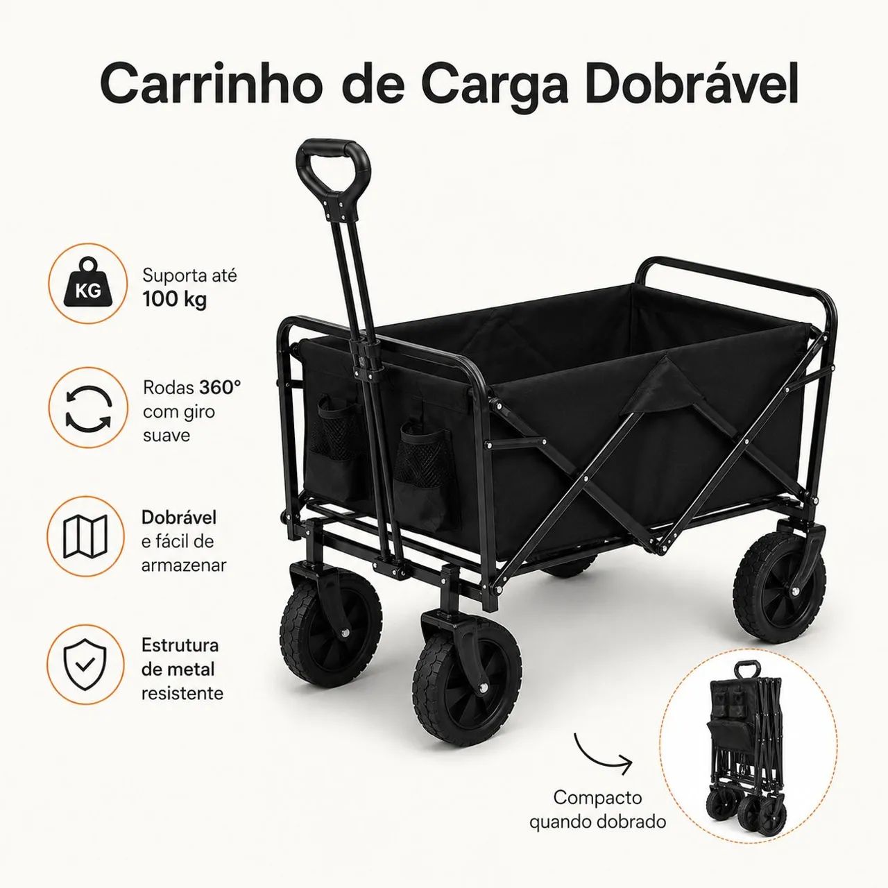 Carrinho de Carga Dobrável 100kg Reforçado com Rodas 360° Multiuso - Foto 3