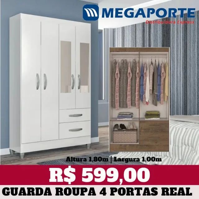 Guarda Roupa Solteiro 4 Portas com Espelho 2 Gavetas (Novo) Entrega Grátis!  - Foto 2