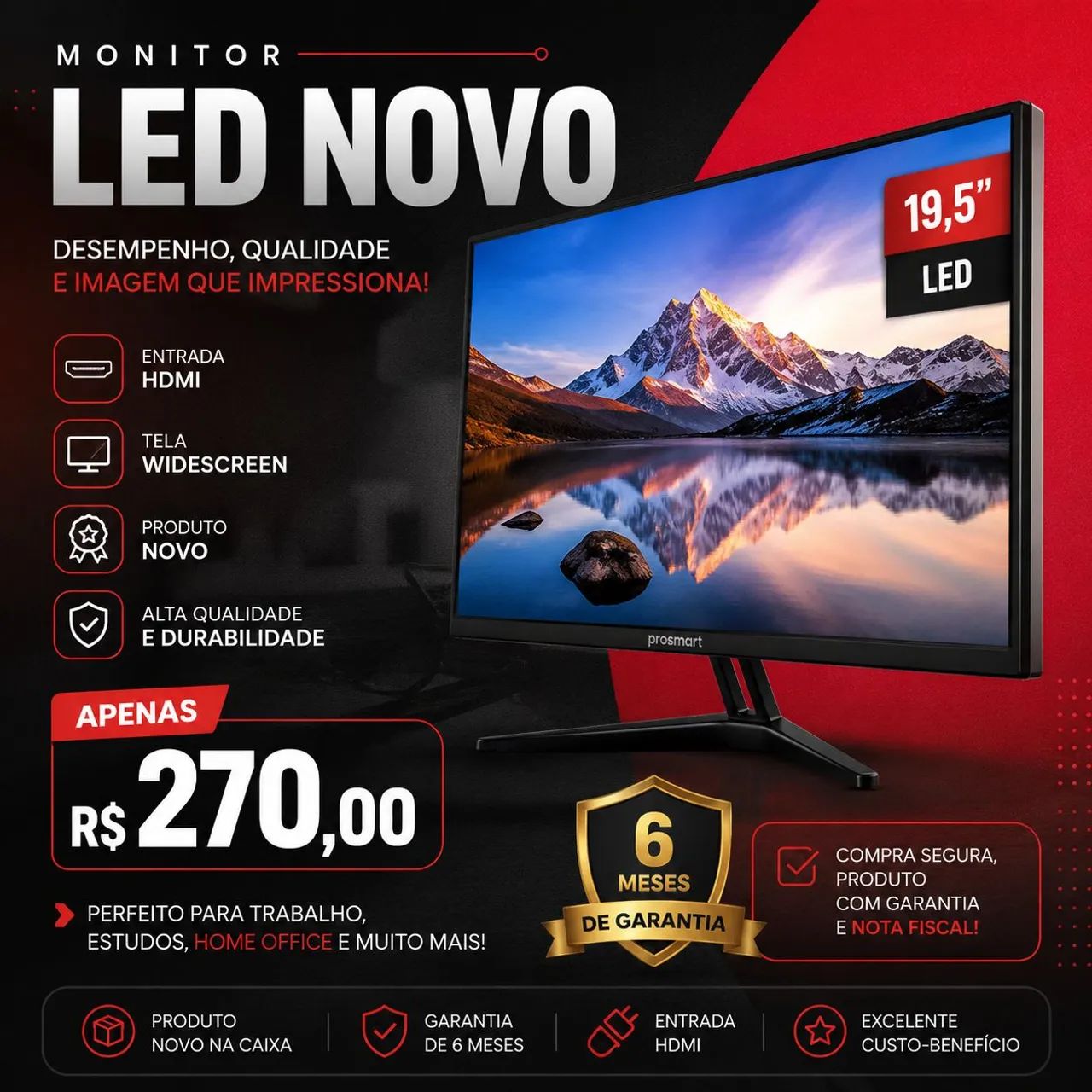 Monitor 20 polegadas led novo, com garantia de 6 meses 