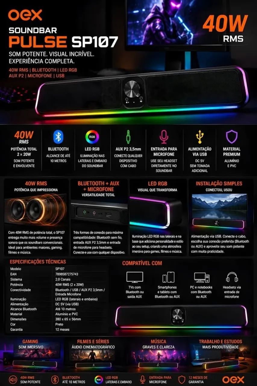 SoundBar OEX 40W RGB USB - Foto 2