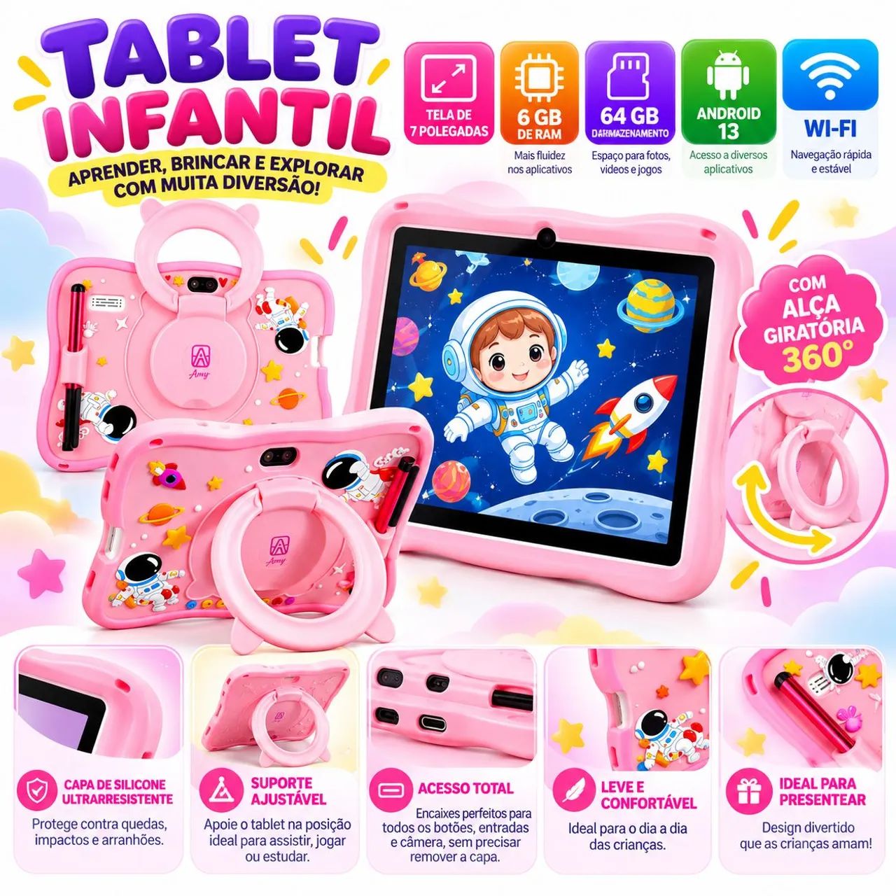 Tablet infantil Kids 7 Polegadas Android 13 6GB RAM + 64GB Wi-fi Capa Protetora Caneta Tou - Foto 3