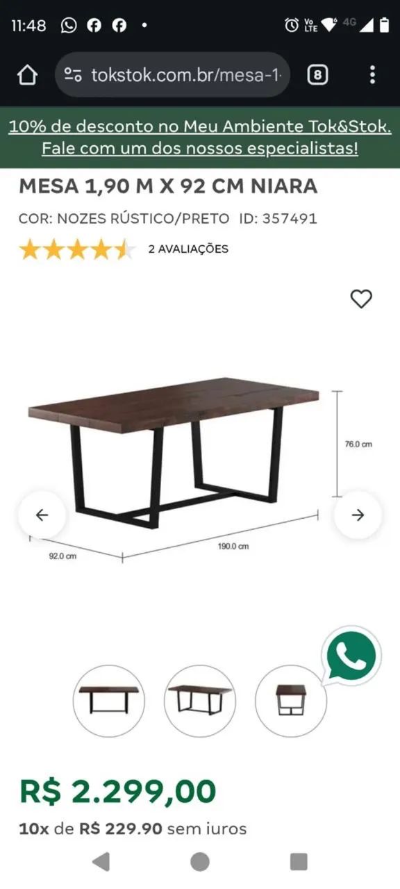  Mesa grande (1,90m) + bancos Tok&Stok - Foto 2