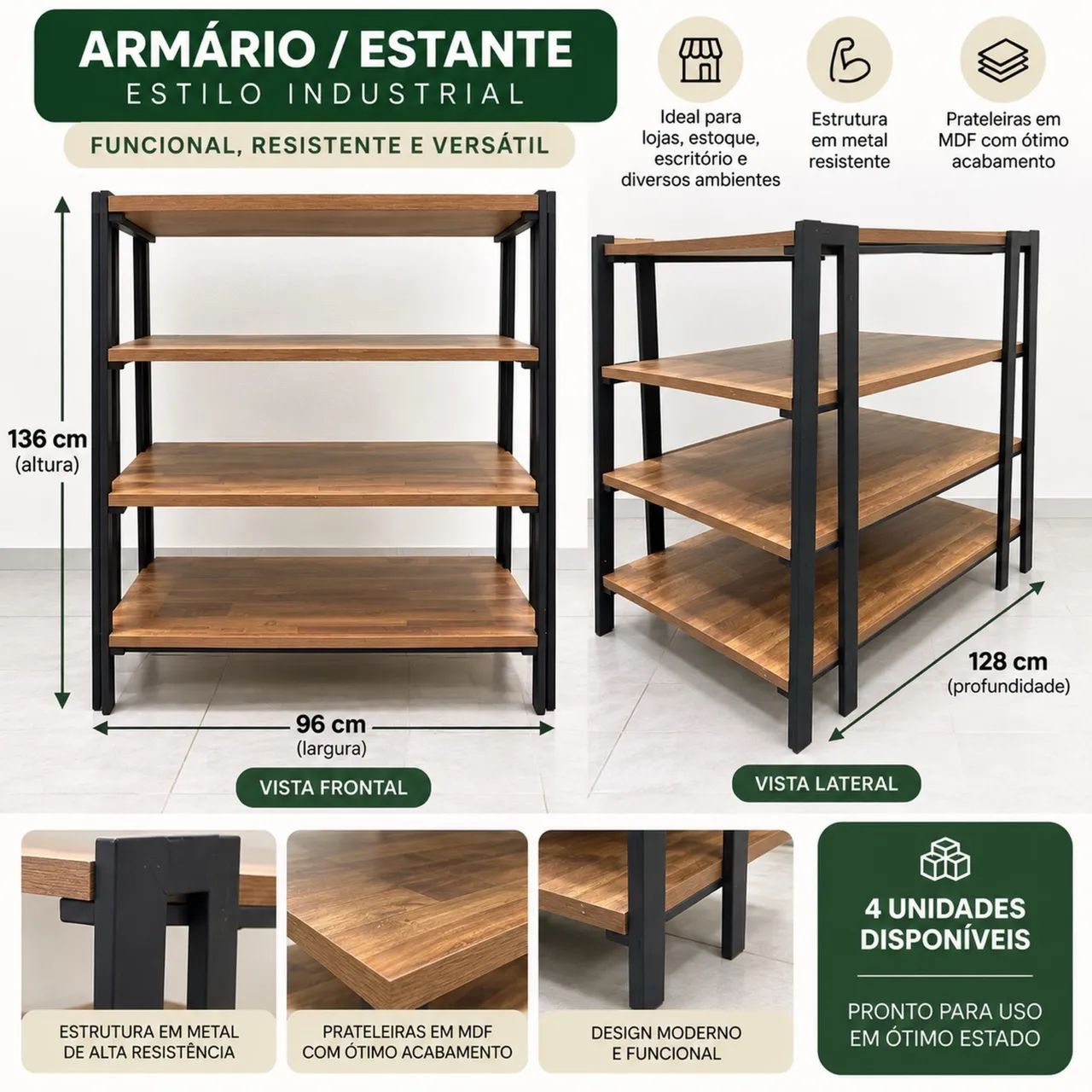 Estante Industrial Metal E Mdf 4 Prateleiras  - Foto 2