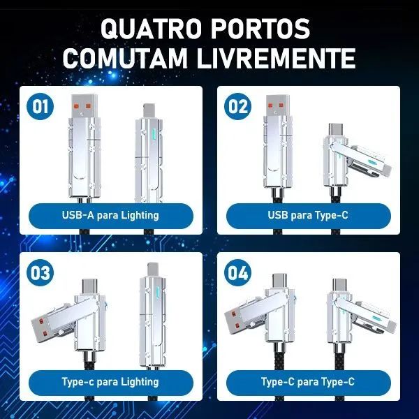 Cabo de carregamento rápido de 2 metros, 4 em 1, 100 W, compatível com Android, Apple - Foto 2