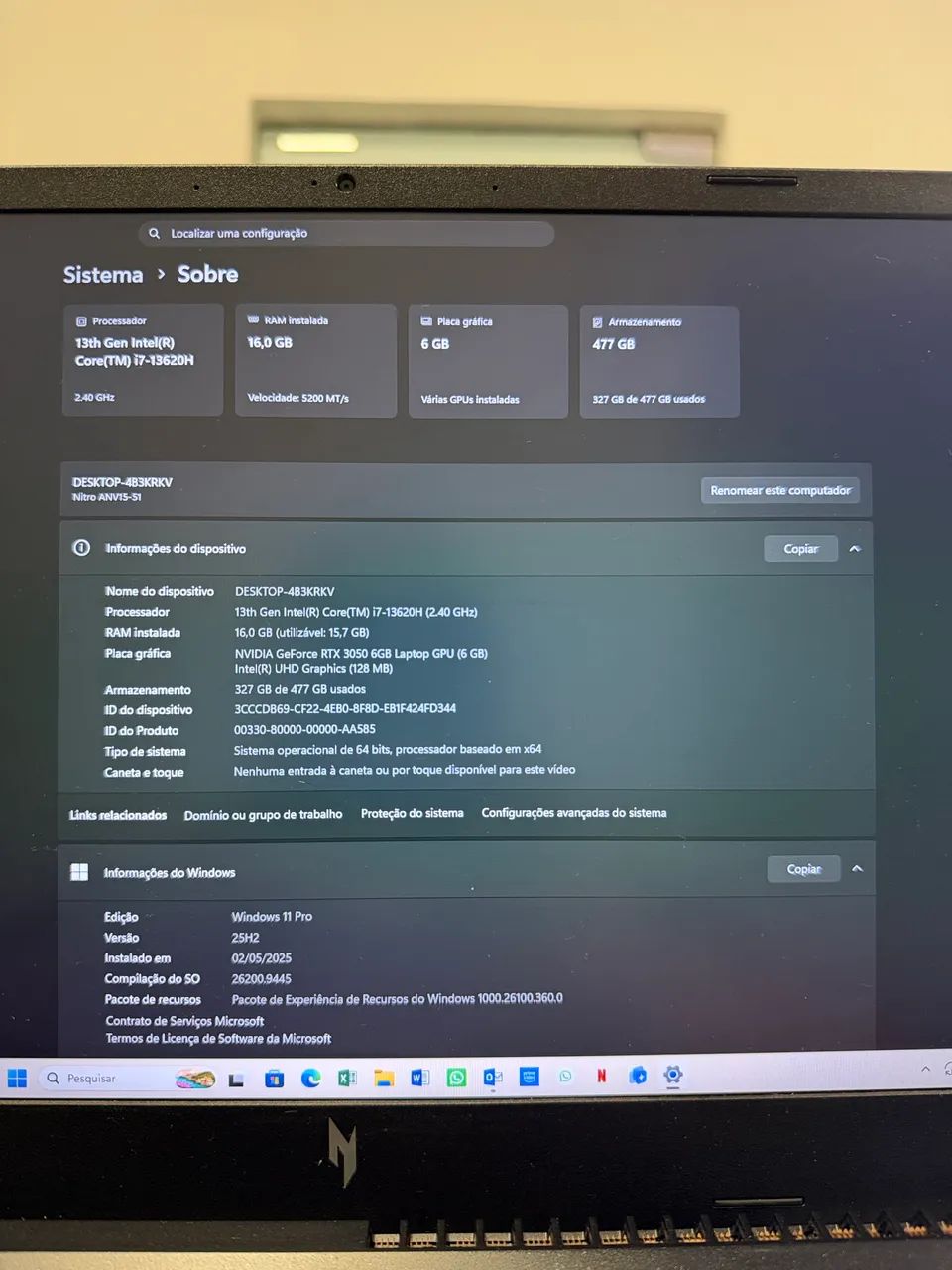 Notebook v15 Nitro Acer