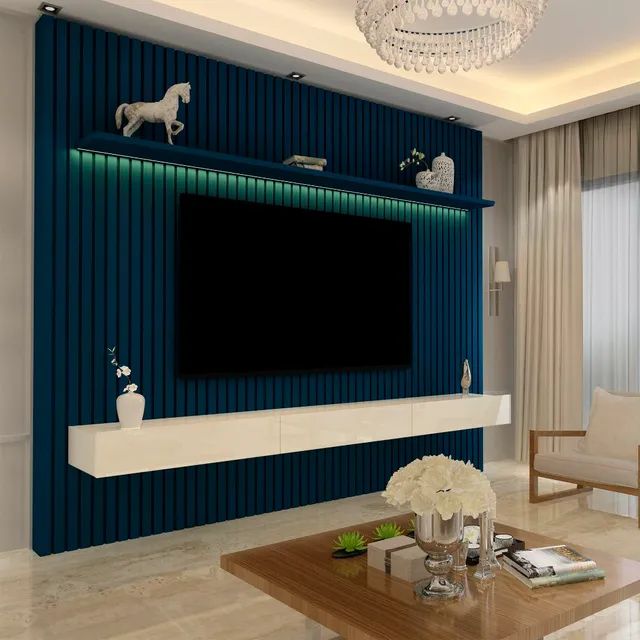 Sala home rack bancada painel ripado 