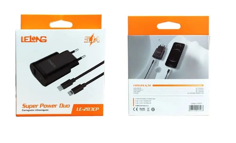 carregador turbo tipo c e ios iphone le-283cp lelong 5.1a
