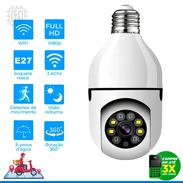 Câmera de Segurança Wireless Sem Fio IP Full HD 1080p Bocal E27 com Conector de Lâmpada