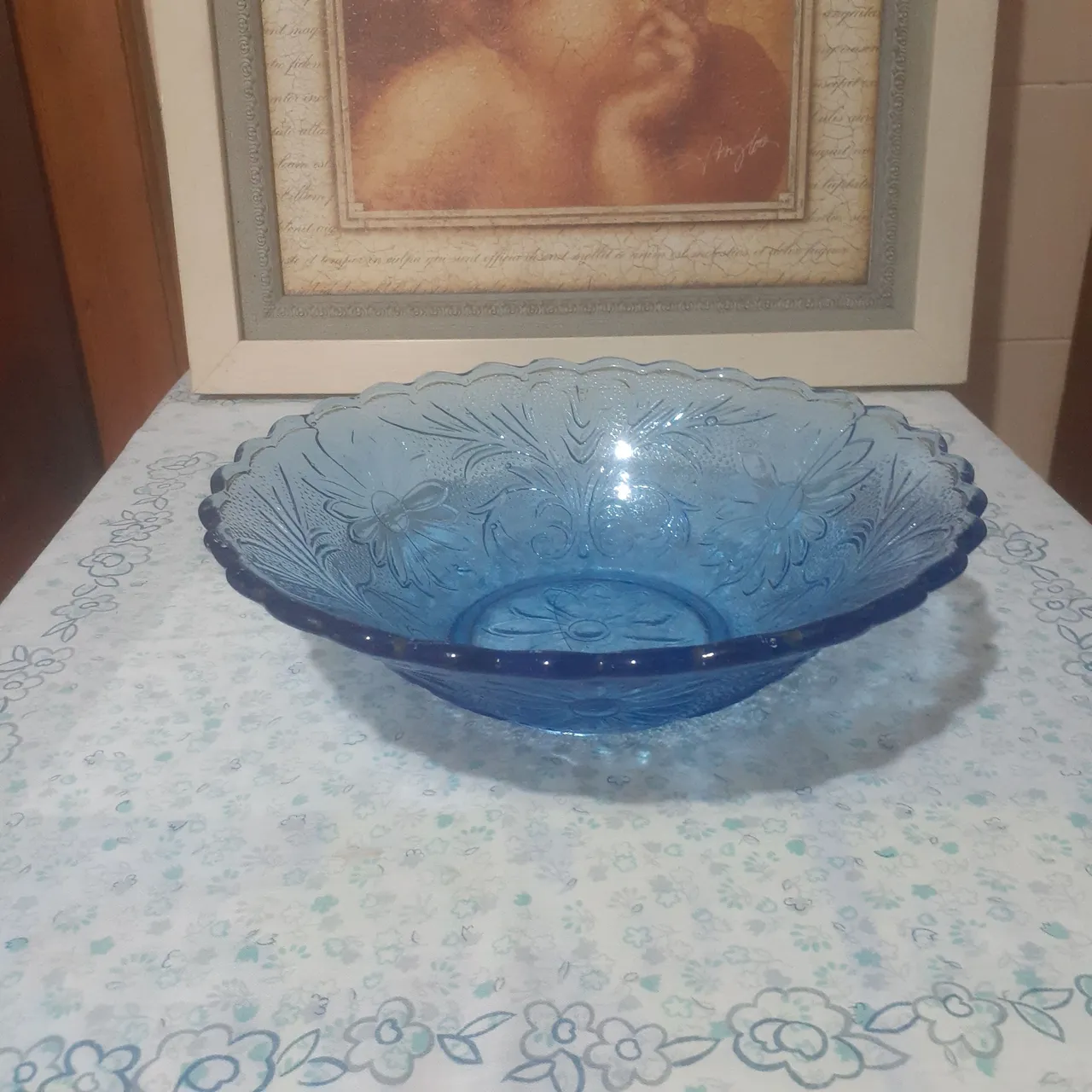 Fruteira vidro desenhos floral azul..
