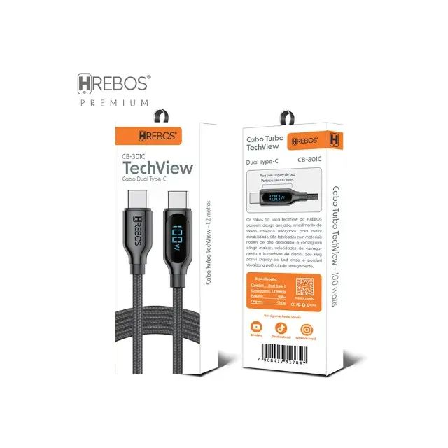 Cabo de carregador de celular e not de 100W,  Hrebos USB-C para USB-C, tecido trançado