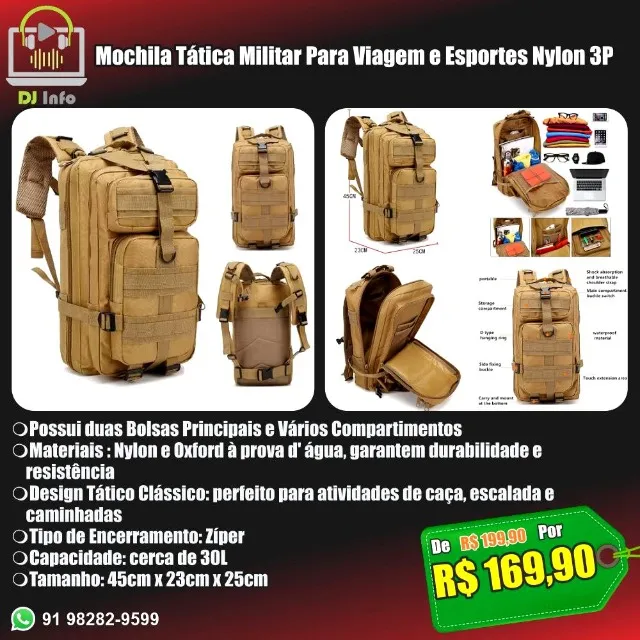 Mochila Tática Militar Para Viagem e Esportes Nylon 3P