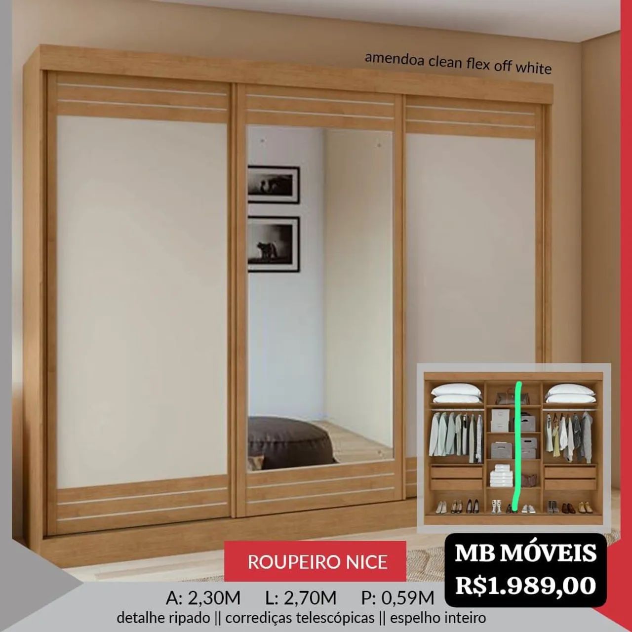 Roupeiro Nice 3 Portas - Amadeirado