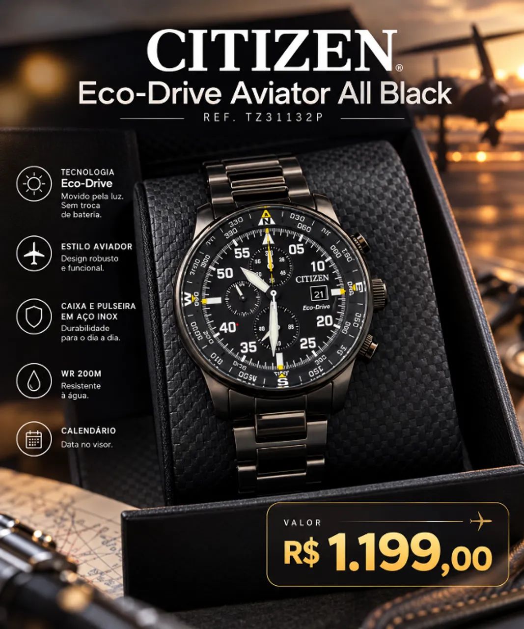 Citizen Eco-Drive Aviator All Black TZ31132P - Acessórios - Vila