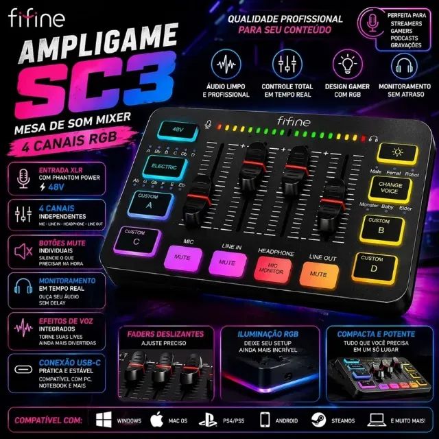 FIFINE Gaming Audio Mixer, Mixer RGB para PC de Streaming com Interface de Microfone XLR,  - Foto 5