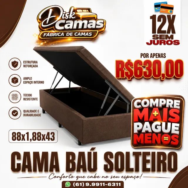 Cama Box Baú Solteiro 88x188x43 12x Sem Juros