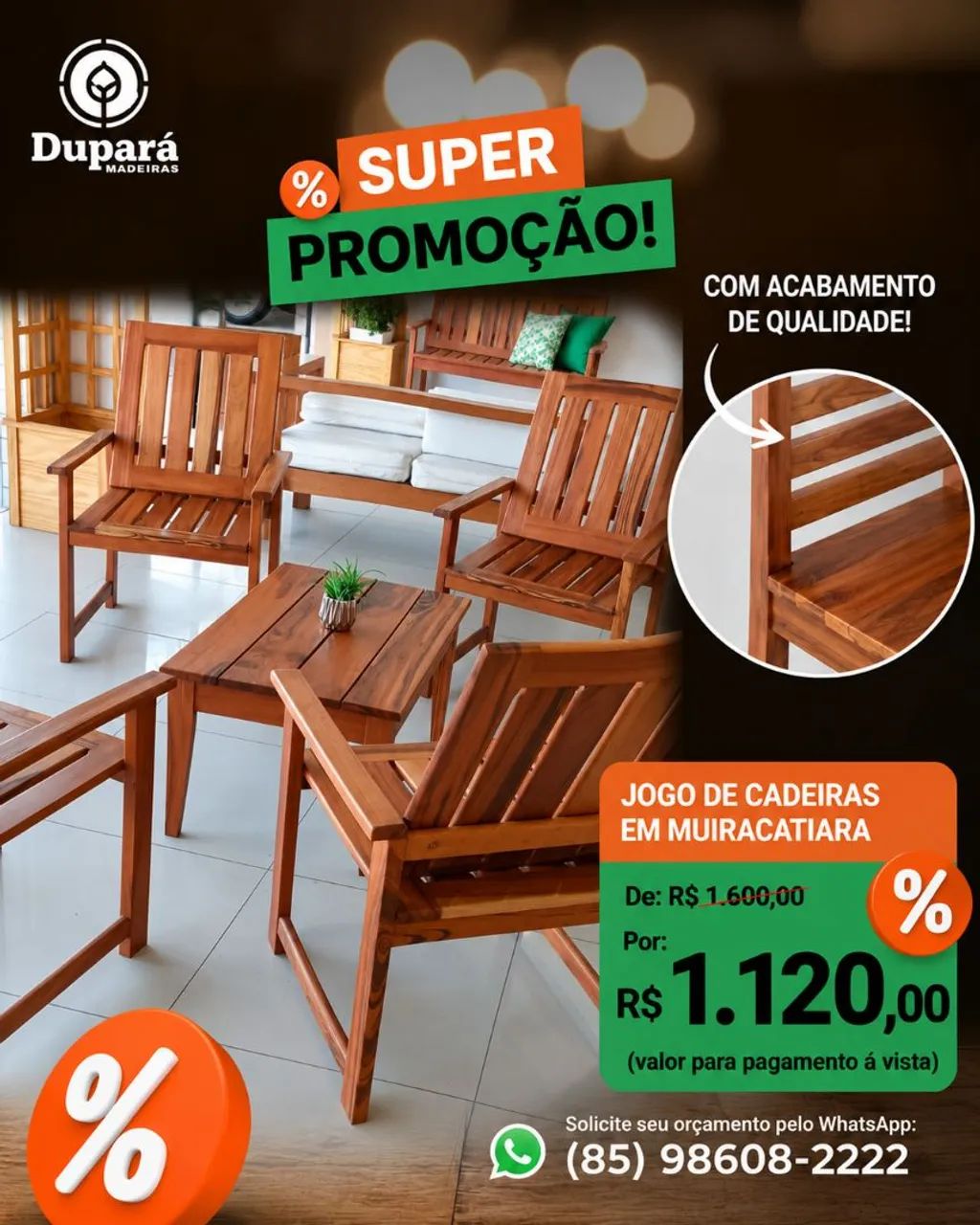 Jogo de cadeiras em Madeira de Lei 