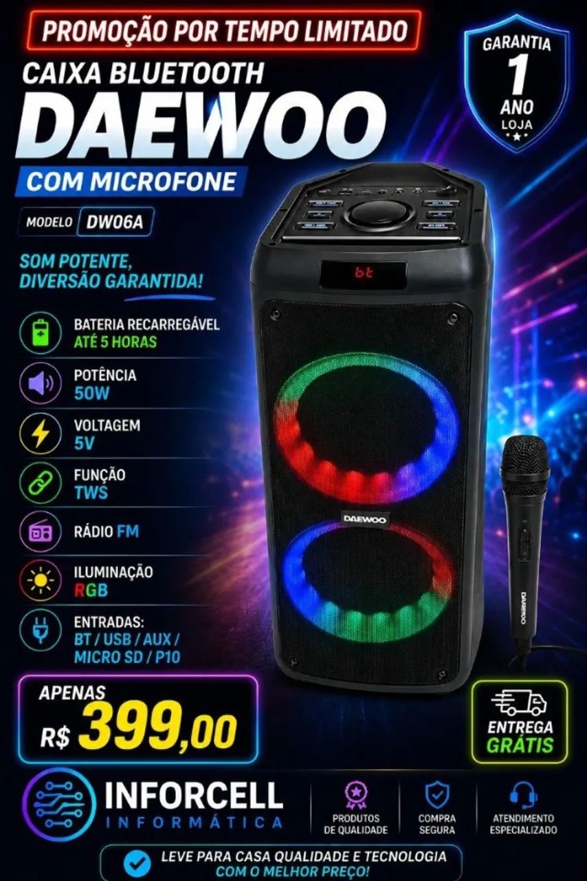 Caixa Bluetooth Daewoo até 5h Bateria com Microfone 