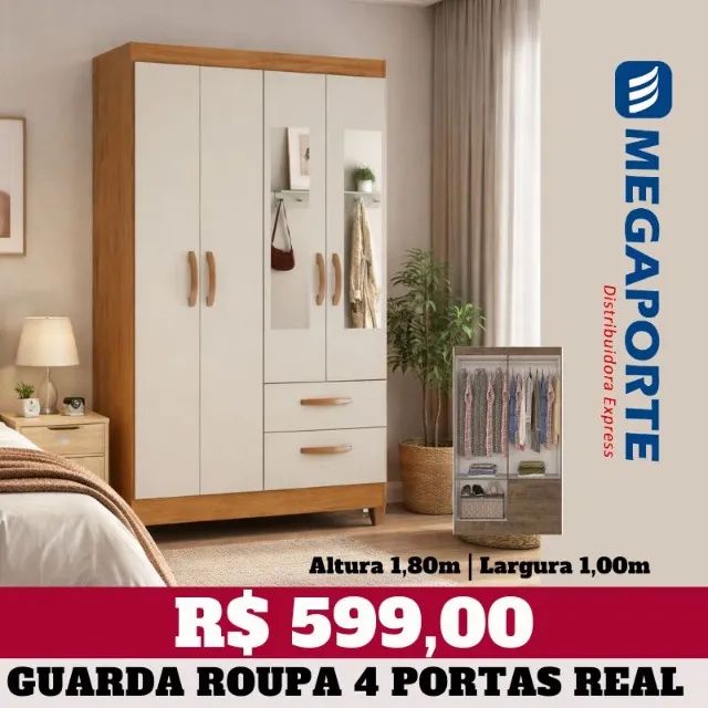 Guarda Roupa Solteiro 4 Portas com Espelho 2 Gavetas (Novo) Entrega Grátis! 