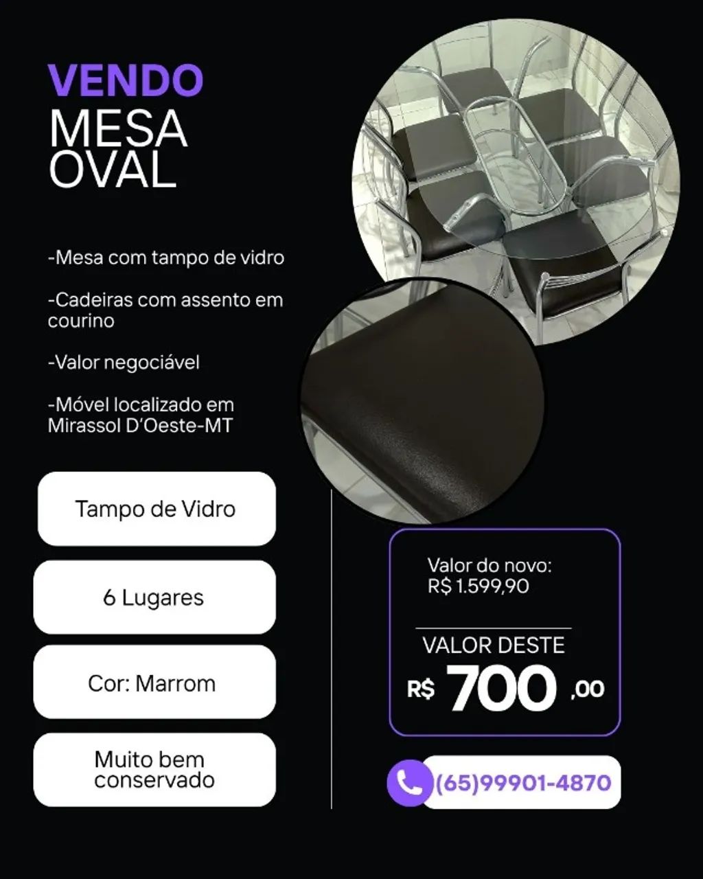 Mesa Oval com Tampo de Vidro