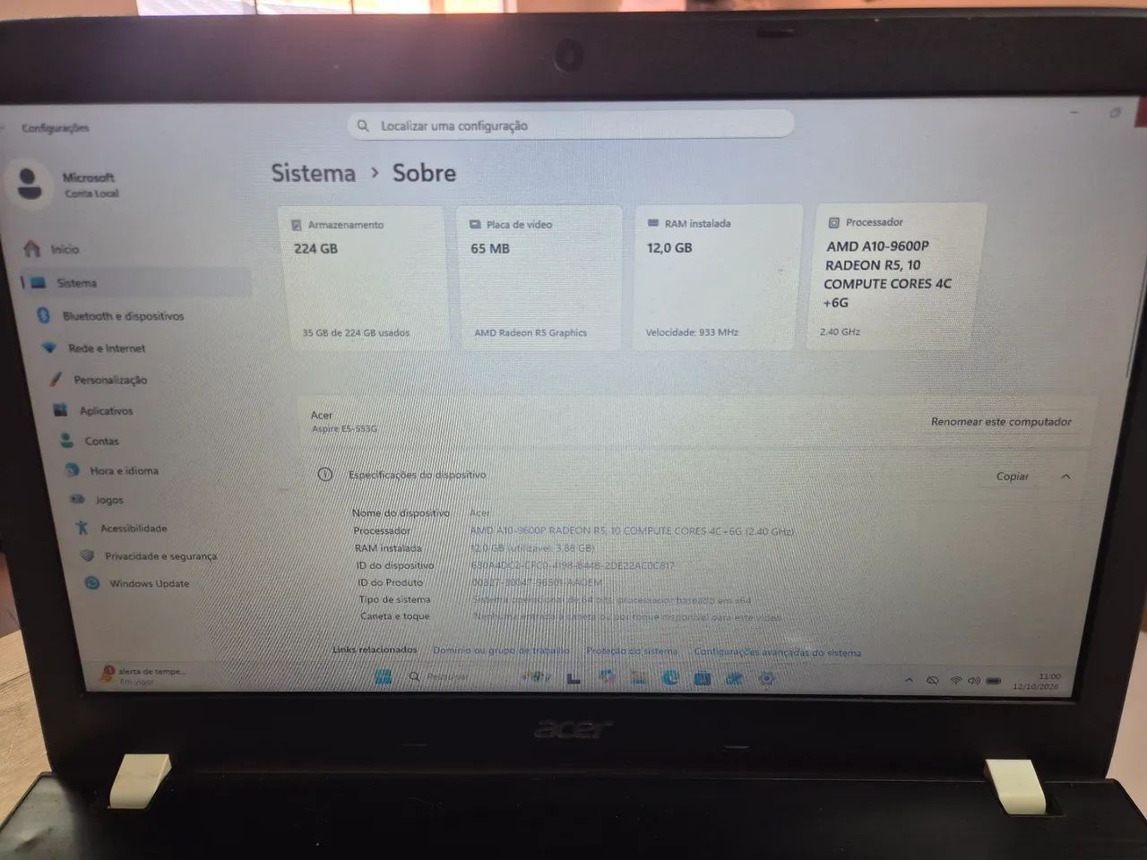 Notebook Acer A10 7Ger 12GB SSD240GB - Foto 2