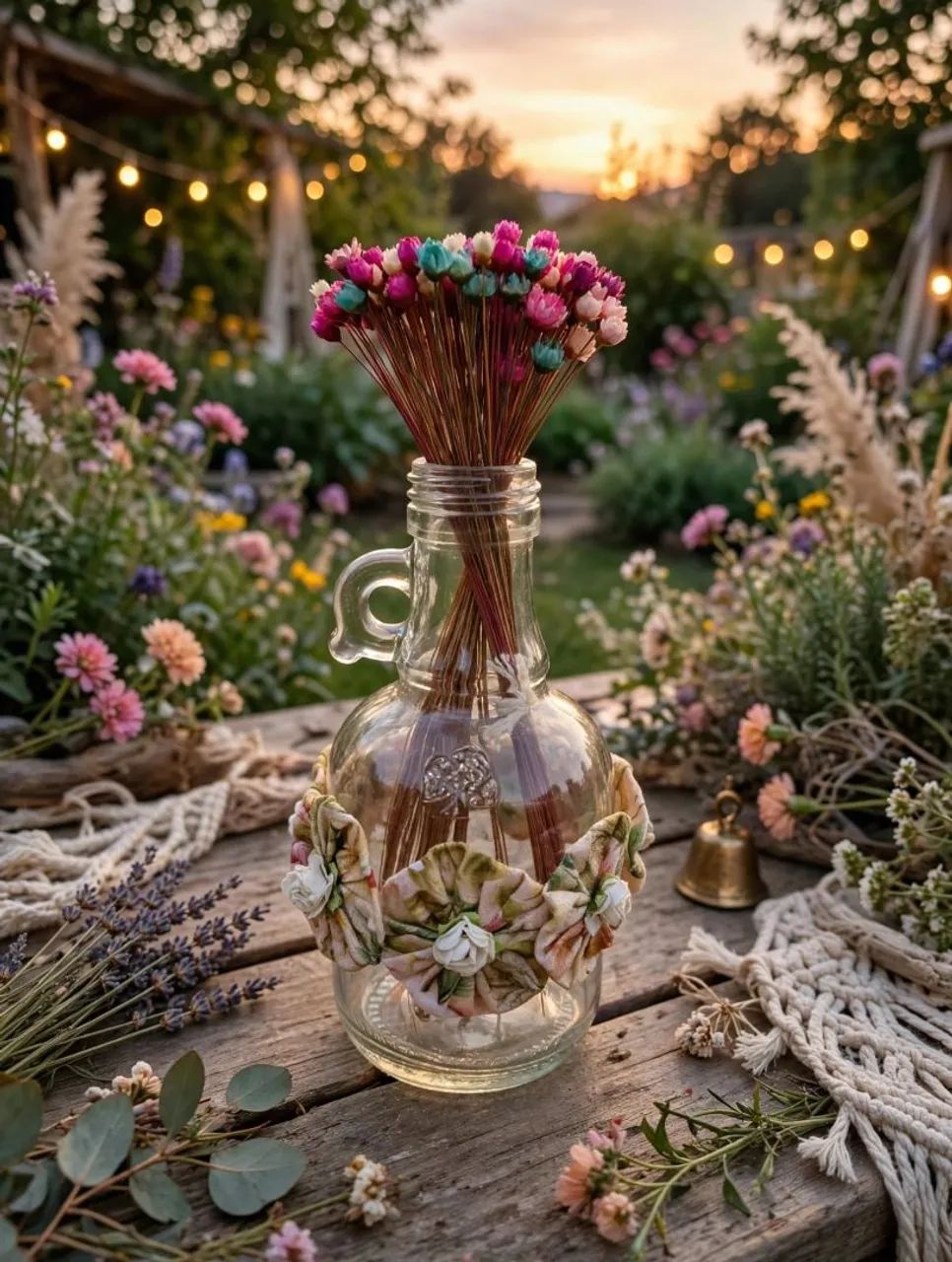Garrafa decorada com fuxicos e flores secas  - Foto 2