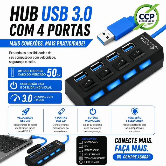 Hub Usb 3.0 4 Portas Com Chave