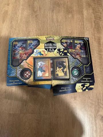 Coleção box baralho de batalha de liga reshiram e charizard gx pikachu e  zekrom gx