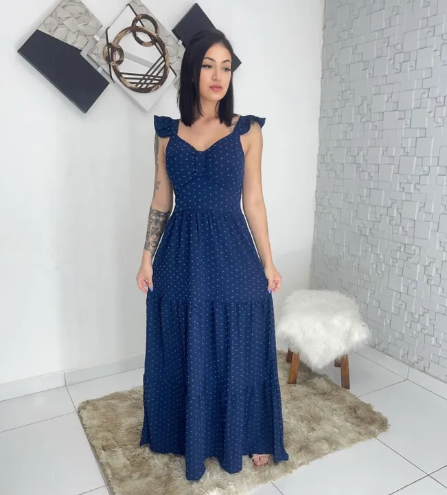 Vestido Longo Azul de Alça com Bolinhas