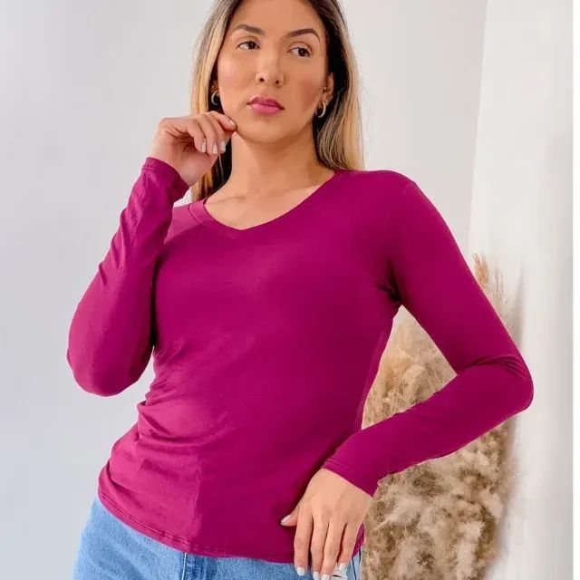 blusinha feminina gola V manga longa - Foto 2