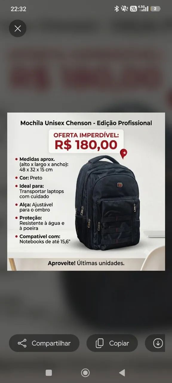 Mochila para notebook preta 30lts