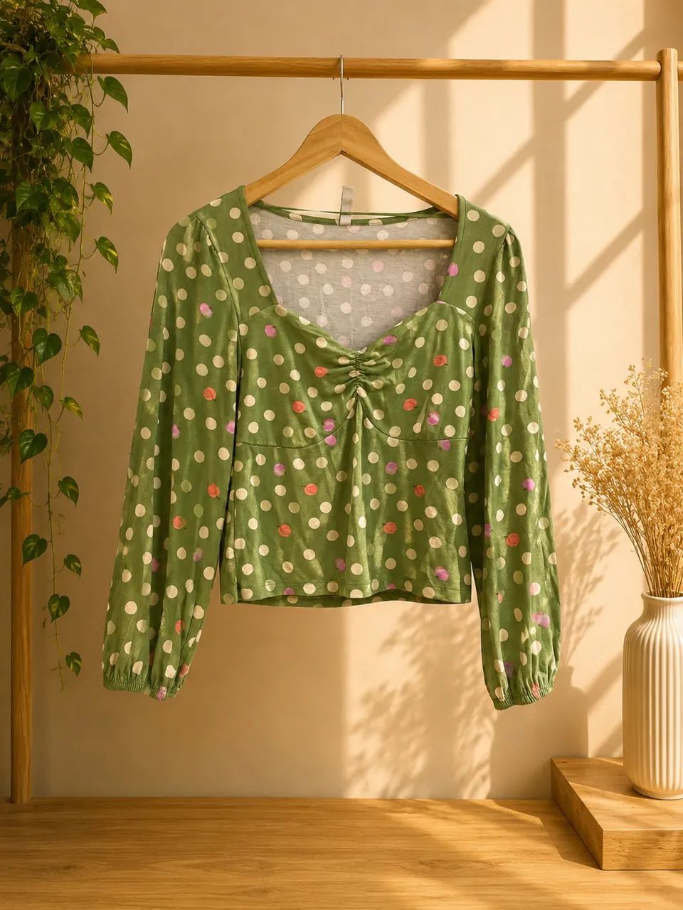 blusa feminina verde poá m