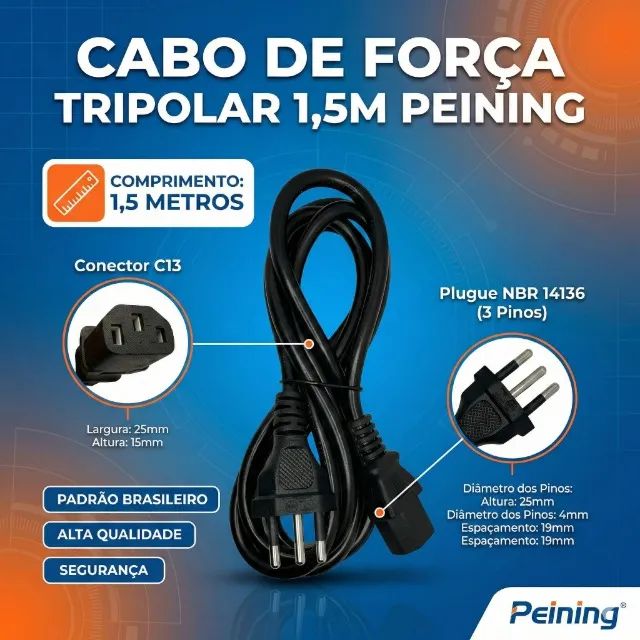 Cabo de força tripolar 1,5m para computador e monitor - Foto 5